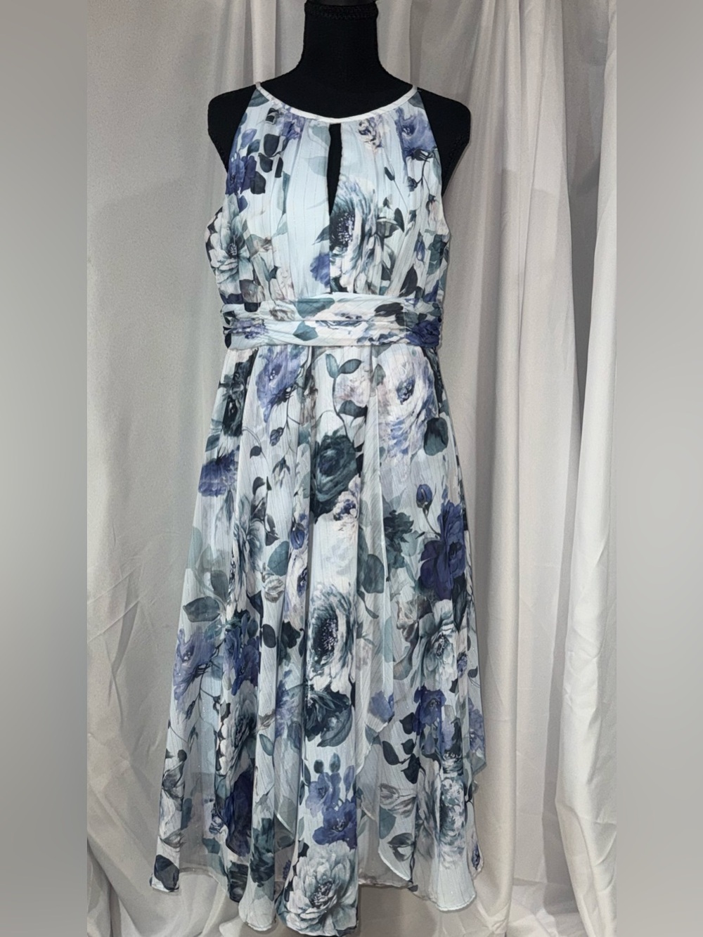 R&M Richards Blue and White Floral Halter Maxi Dress